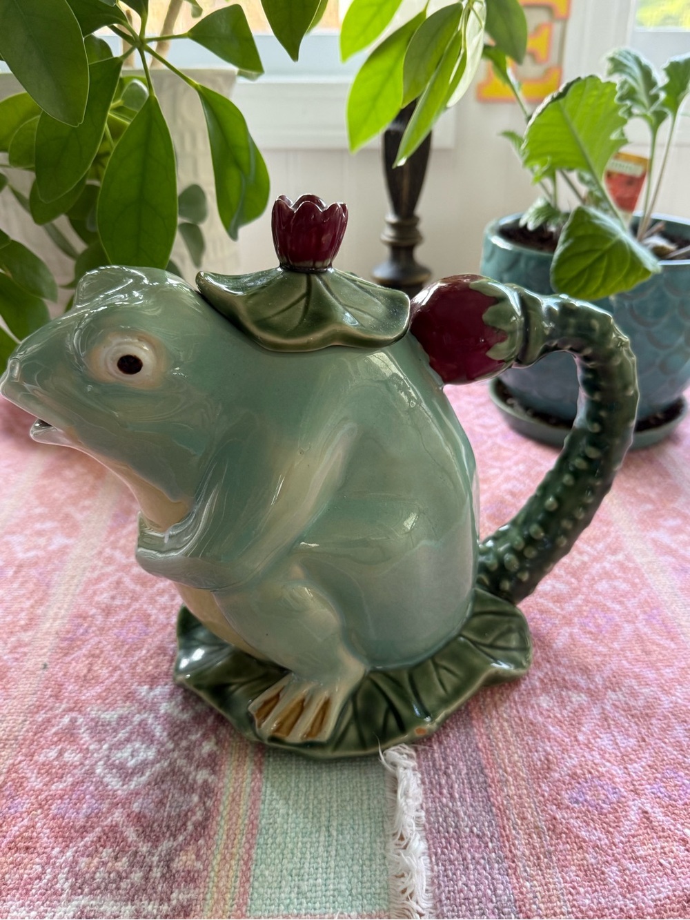 Ceramic Frog Teapot in Seafoam Green with Burgundy Accents